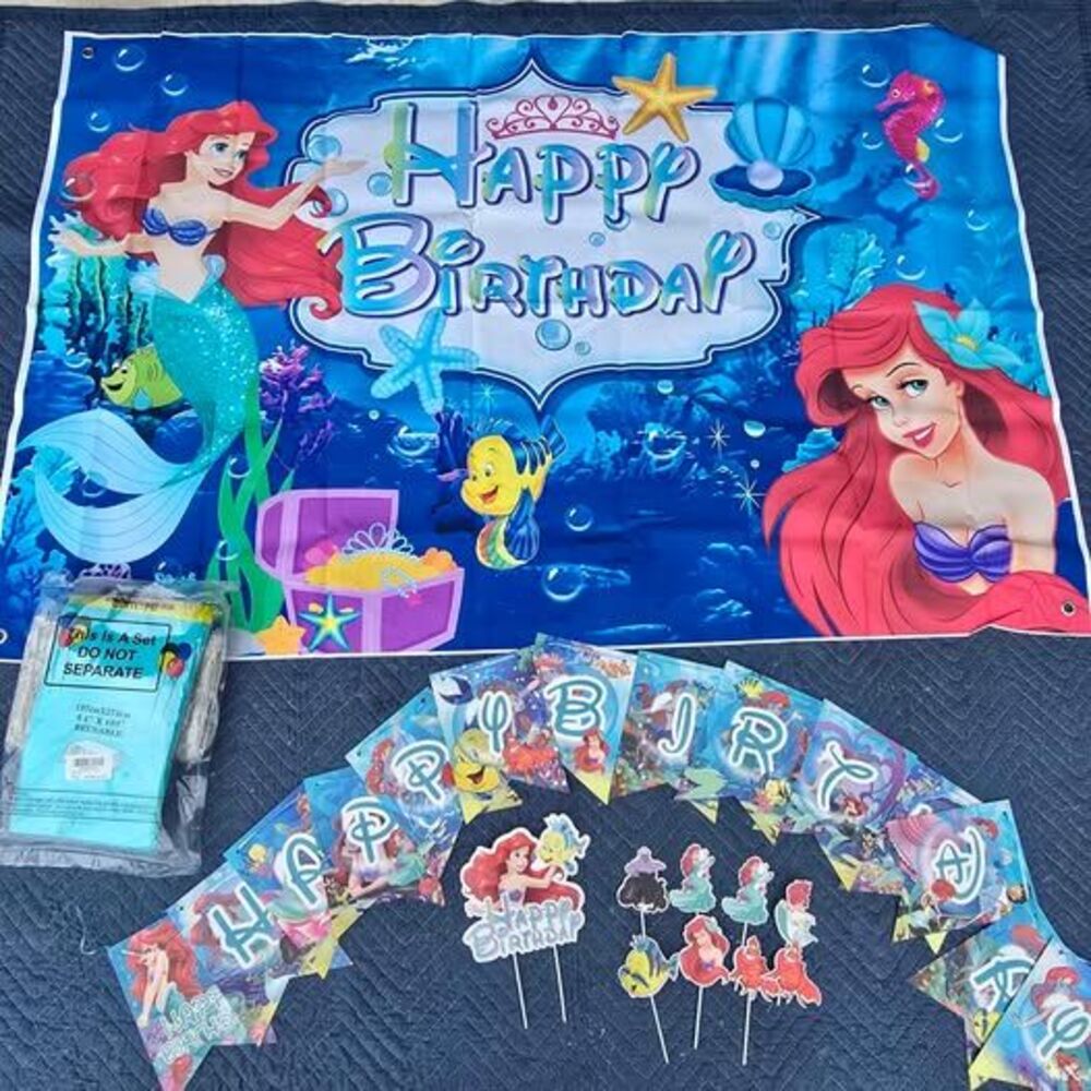The Little Mermaid Birthday Party Backdrop, Banner, Tablecloth, Fish nets